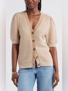 Caslon Links Puff Sleeve Wool Blend Cardigan Beige Button-Up Cardigan Large